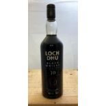 A bottle of 10 year old Limited Edition "The Black Whisky" Loch Dhu Whisky.  Region: Speyside