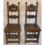 A pair of 19th Century Italian oak and satinwood inlay hall chairs, globe shaped finials on square