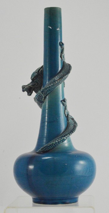 A 19th Century Chinese monochrome blue vase with a spiral dragon in high relief, a Famille Rose - Image 5 of 6