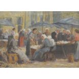 Edgar Wills (British, fl.1874-1893), a market scene with figures, signed l.l., gouache, 25 by