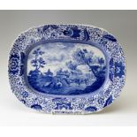 An early nineteenth century blue and white transfer printed Durham Ox series platter, circa 1810-20.