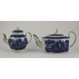 Two early nineteenth century blue and white transfer printed chinoiserie pattern Turner teapots