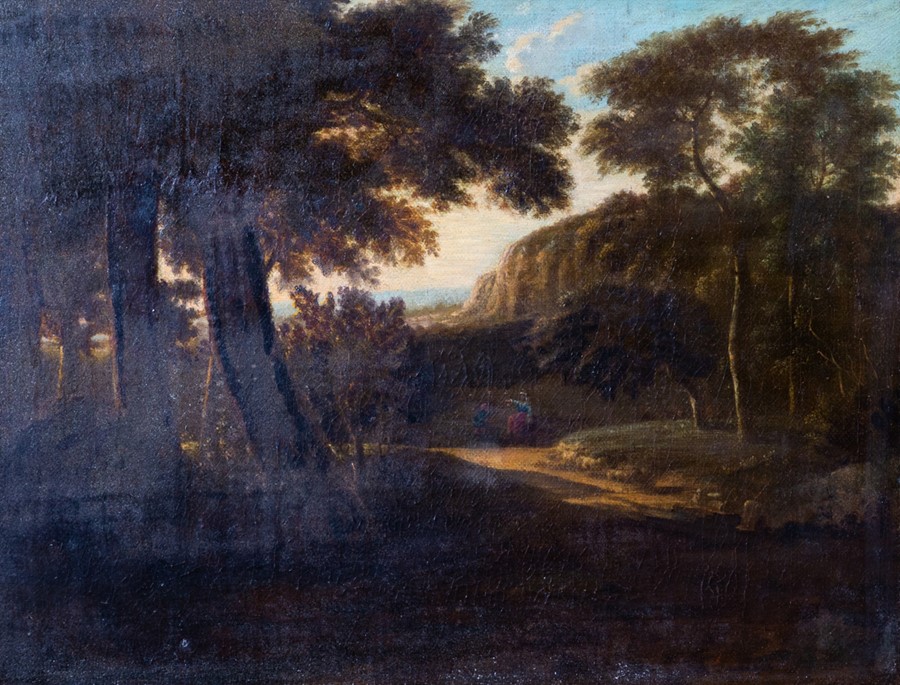 Manner of Jean-Francisque Millet, a wooded landscape with figures and sheep on a path, oil on canvas