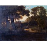 Manner of Jean-Francisque Millet, a wooded landscape with figures and sheep on a path, oil on canvas