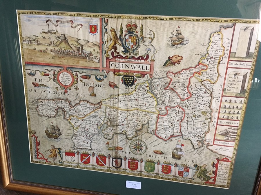Speed, John. 17th-century map of Cornwall, hand-coloured copper engraving on laid/chain-lined paper, - Image 2 of 4