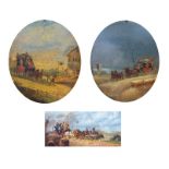British School, 19th Century, coaching scenes, a pair, oval, oil on board, 34 by 28cm, gilt