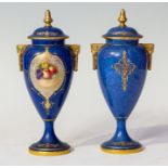 A pair of Royal Worcester vases and covers, with hand painted fruit panels to centre, one signed E