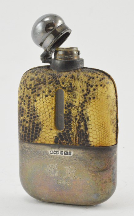 A late Victorian silver mounted glass hip flask, simulated reptile skin cover, maker Dixons, - Image 2 of 2