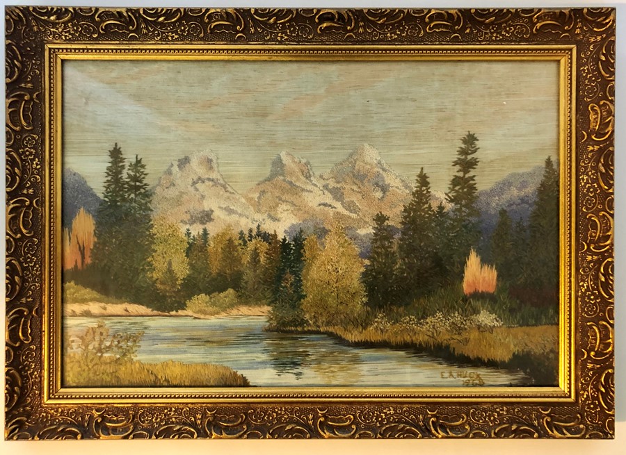 An embroidered scene of a Canadian landscape from 1968 in a gilt frame. (1) - Image 2 of 3