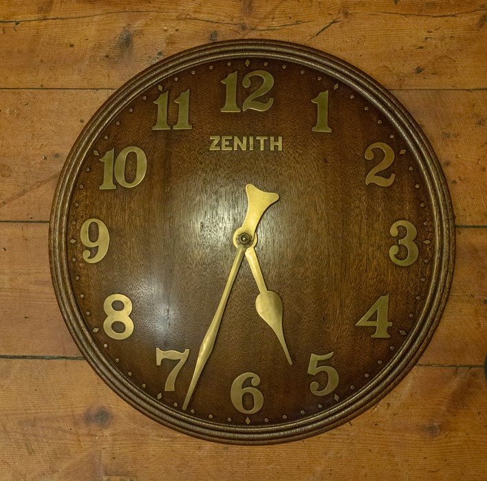 A Zenith mid 20th Century wall clock, mahogany case with brass Arabic numerals, 18 day movement,