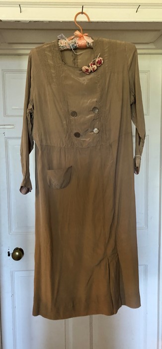 A circa 1920's/1930's silk fawn coloured pin tucked garment and a 1920's cotton lawn day dress,