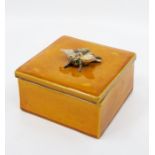 A Bretby Art Pottery square covered box, the finial as a winged insect, caramel glaze, No.2089, 13cm