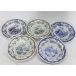 A group of early nineteenth century Minton blue and white and green and white transfer printed