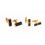 Two pairs of post-war yellow metal gents cufflinks, one pair set with lapis lazuli, the other with