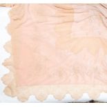 A large silk pale pearl bedspread 1930s/40s edged in a coffe lace scalloped edging, lined. The