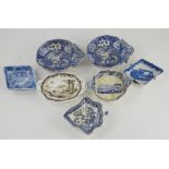 A group of seven early nineteenth century blue and white transfer printed pickle dishes, circa