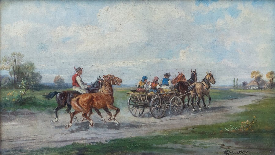 Alfred Steinacker (German, 1838-1914), figures in a horse drawn cart, signed l.r., oil on board, - Image 2 of 2