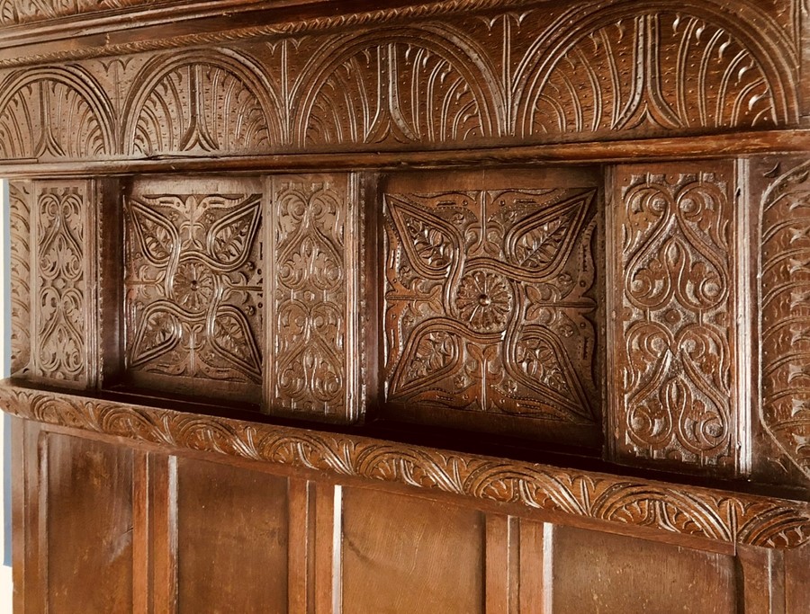 A Charles II oak four poster bed, circa 1670, moulded rectangular cornice with twelve panel roof, - Image 3 of 6