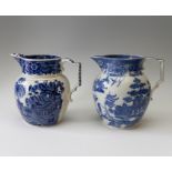 Two early nineteenth century blue and white transfer printed large sparrow-beak jugs, circa 1800-