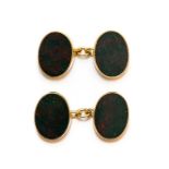 A pair of gents 18ct gold oval sleeve links, inset moss agate panels, approximate weight all in 14