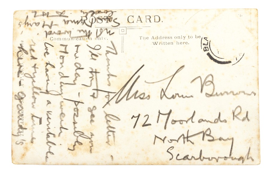 D. H. Lawrence (1885-1930), English author. Autograph postcard, in pencil, addressed to Miss Louie