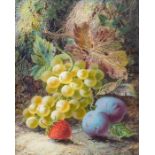 Oliver Clare (British, 1853-1927), a still life of grapes, plums and a strawberry on a mossy bank,