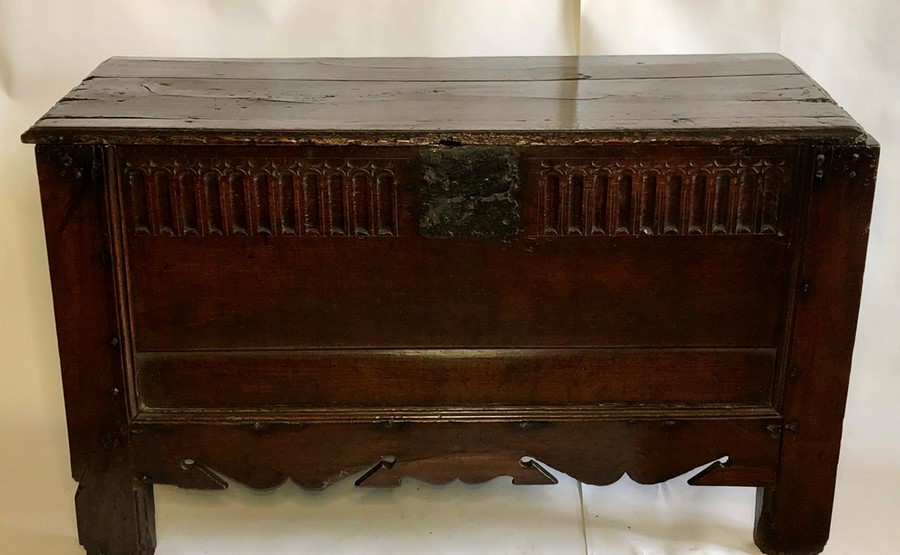 A Charles II welsh oak coffer, circa 1670, rectangular top revealing spacious interior with
