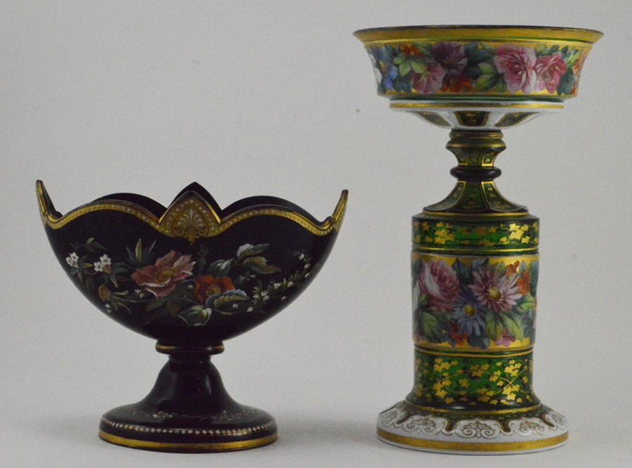 A 19th Century Bohemian glass centrepiece, green glass, the bowl to top hand painted with roses, - Image 2 of 2