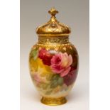A Royal Worcester vase and cover, early 20th Century hand painted with roses, signed Sedgley, 42cm