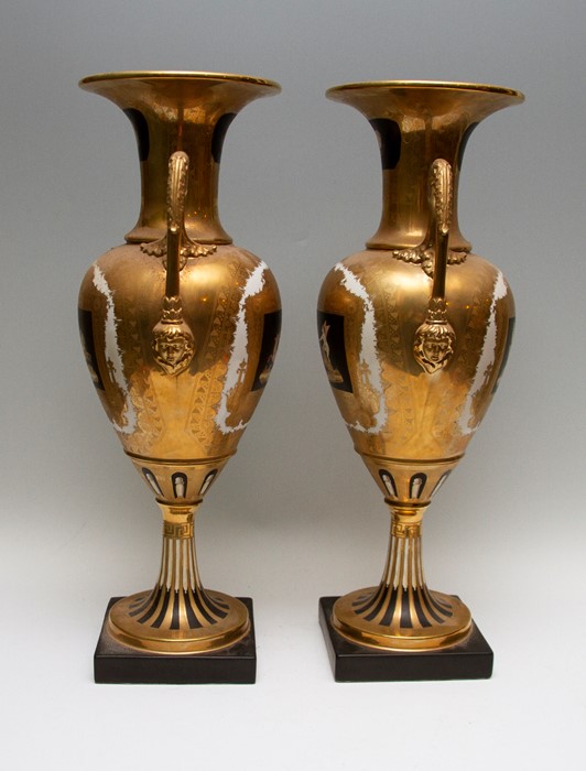 A large pair of 20th Century hard paste twin handled baluster vases of Empire design, extensive - Image 2 of 2