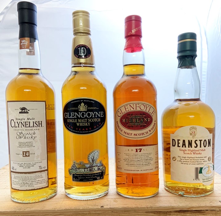 Four bottles of Whisky, including a 10 year old Glengoyne, a 14 year old Clynelish, a 12 year old