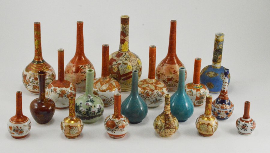 A collection of 19th Century Japanese Kutani bottleneck vases, with a pair of turquoise vases, - Image 2 of 2