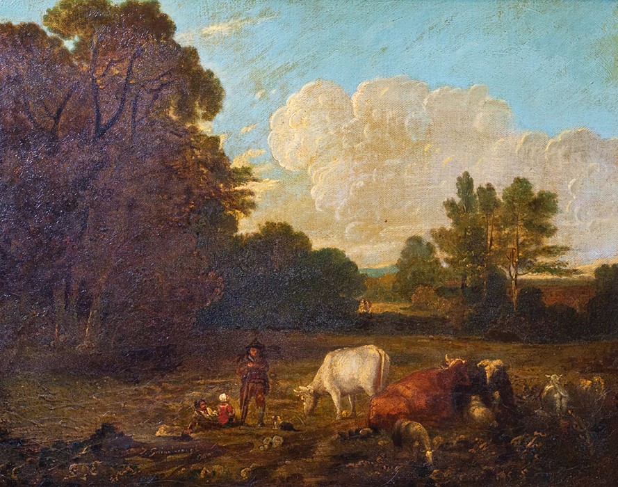 British School, late 18th Century, figures and cattle in a wooded landscape, bears signature T.