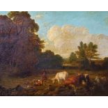 British School, late 18th Century, figures and cattle in a wooded landscape, bears signature T.