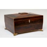 A Regency rosewood boxwood strung work box, of sarcophagus form, lift out inner tray, ivory