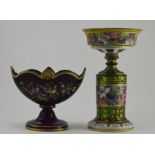 A 19th Century Bohemian glass centrepiece, green glass, the bowl to top hand painted with roses,