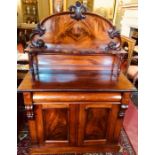 A mid 19th Century flame mahogany chiffonier, circa 1860, raised shelf back, above a frieze drawer