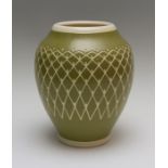 A Pilkington Royal Lancastrian baluster vase, geometric sgraffito design to form lozenges, olive