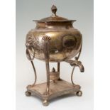 A George III old Sheffield plated sideboard hot water urn, flame finial, bombe vessel with gadroon