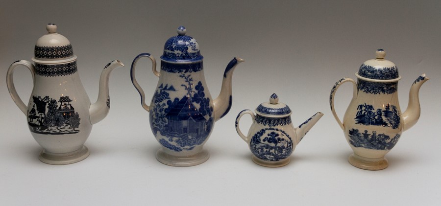 Four late eighteenth, early nineteenth century blue and white transfer printed coffee pots, circa