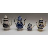 Four late eighteenth, early nineteenth century blue and white transfer printed coffee pots, circa