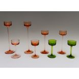 Ronald Stennet Wilson for Wedgwood, four pairs of various glass candle holders, pink and green