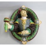 A Minton Majolica Very Rare Wall Sconce, modelled as bust of a Renaissance dressed Gent holding a