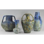 Four various Bretby Art Pottery mottled matt glazed vases, to include two twin handled and one