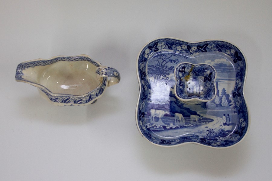 An early nineteenth century blue and white transfer printed pickle dish stand and a sauce boat, - Image 2 of 4