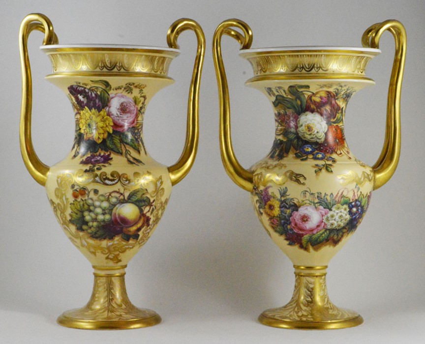 A pair of mid 19th Century Copeland and Garrett two handled vases, circa 1835, each with hand