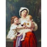 A late 19th Century porcelain plaque, painted with a mother with a young girl and holding an