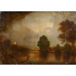 Manner of J.M.W. Turner, a river landscape at sunset, oil on canvas, 64 by 89cm, unframed