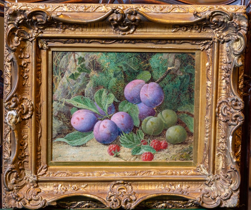 Oliver Clare (British, 1853-1927), a still life of plums, greengages and raspberries on a mossy - Image 2 of 2