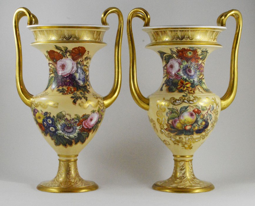 A pair of mid 19th Century Copeland and Garrett two handled vases, circa 1835, each with hand - Image 2 of 3